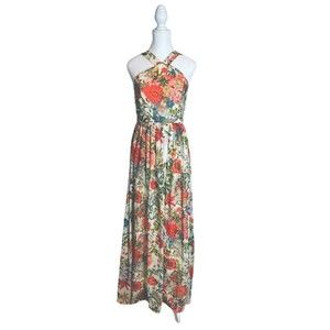 Lulus Maxi Halter Tank Dress Orange Floral Womens Medium Sleeveless Lined Party